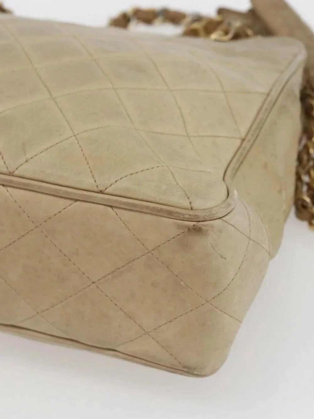 CHANEL Chain Matelasse Tote Bag Lamb Skin Beige Gold CC Auth bs32364